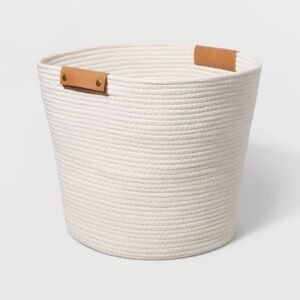 Ivory Woven Storage Basket with Brown Handles